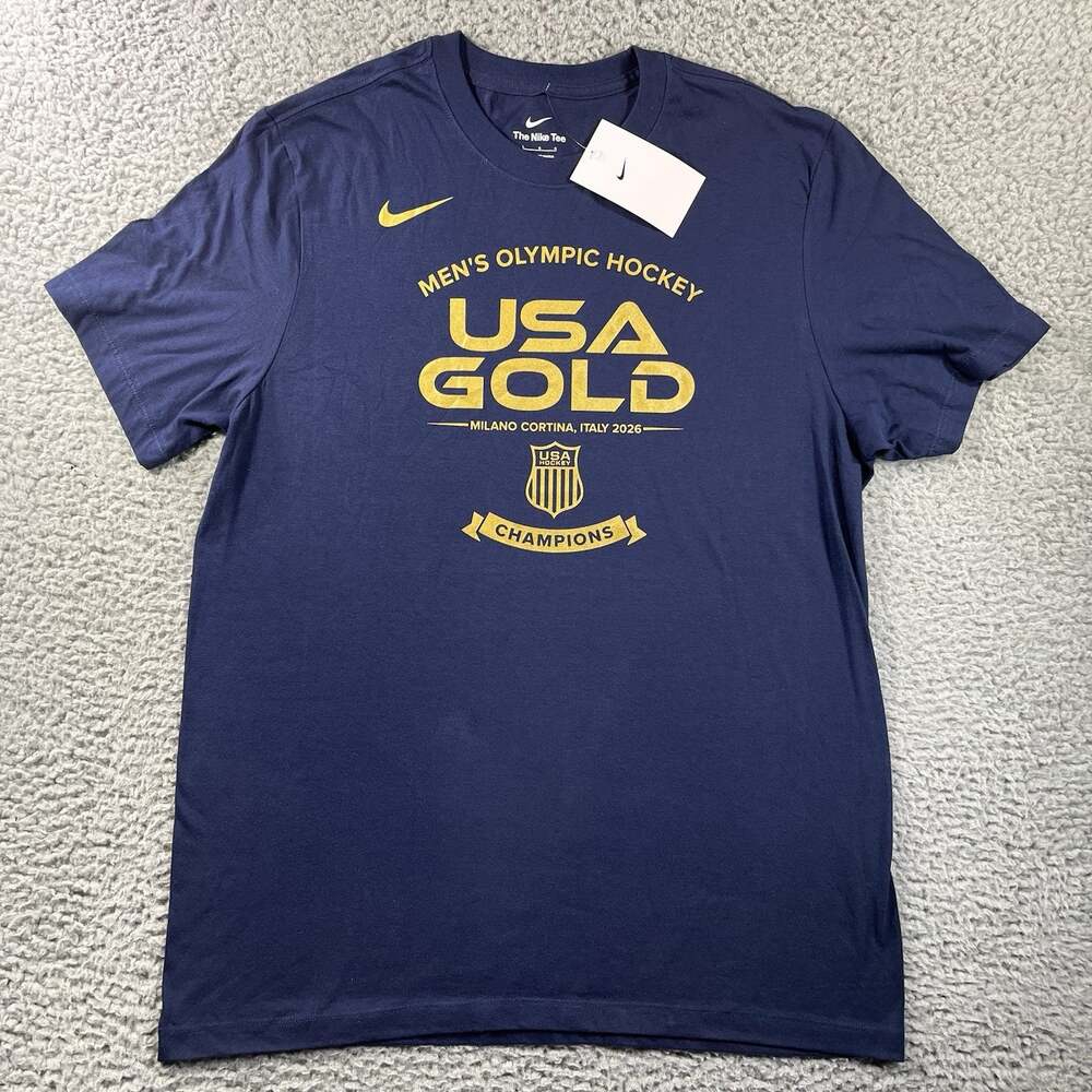 Nike Mens Olympic Hockey USA Gold Champions T Shirt Large Navy NWT Milano 2026